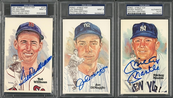 Joe DiMaggio, Mickey Mantle and Ted Williams Signed Perez-Steele “Hall of Fame Postcards” Trio (3 Items) – PSA/DNA Authentic and PSA/DNA MINT 9